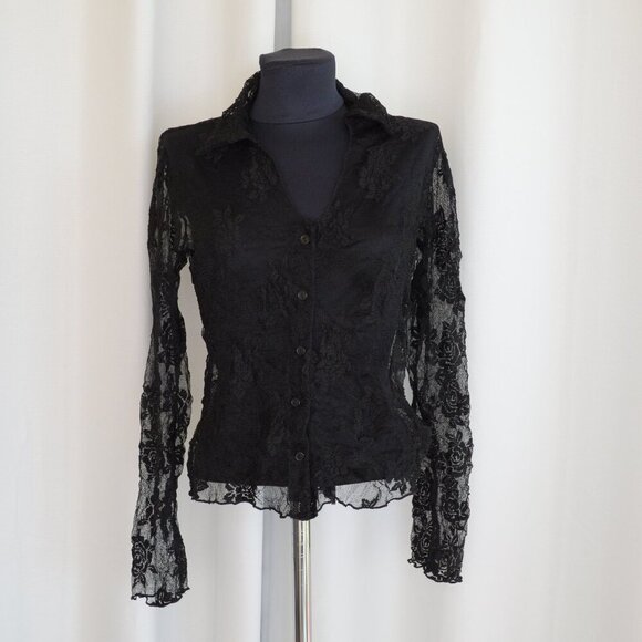 Vintage Y2K Sirens Sheer Black Lace Button Up Shirt Sz S - Picture 1 of 5